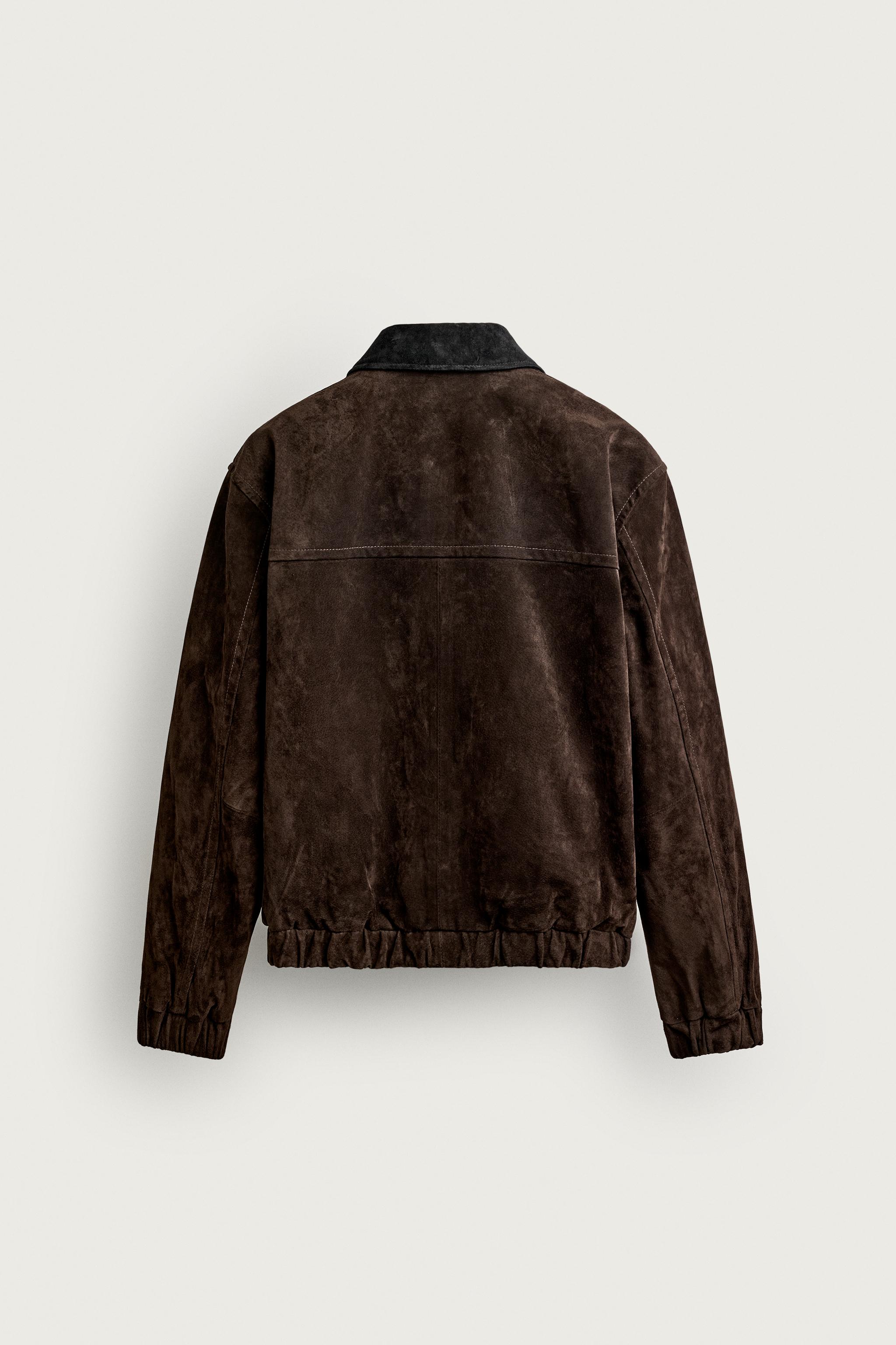 BLOUSON EN CUIR ET DAIM À COL CONTRASTE